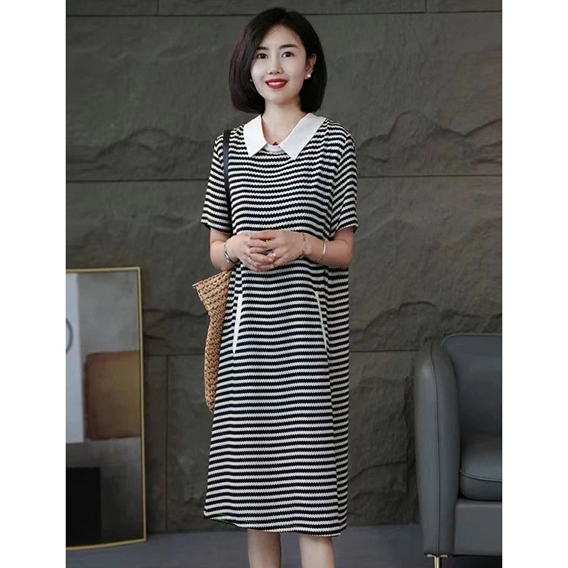 Fashion Lapel Spliced Pockets Printed Striped Casual Dresses Women's Clothing 2024 Summer New Loose Commuter Short Sleeve Dress