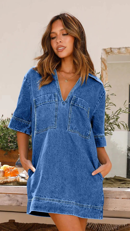 Fashion Denim Dress Casual V Neck Short Sleeve Loose Distressed Jean