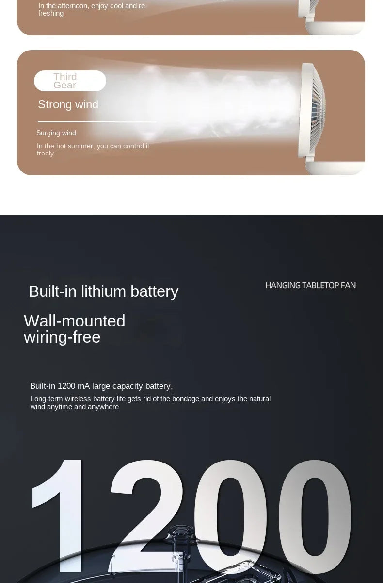 2IN1 Folding Desktop Fan Portable Air Conditioner Wall Mounted Fan Rechargeable with 3 Gears for Home Office