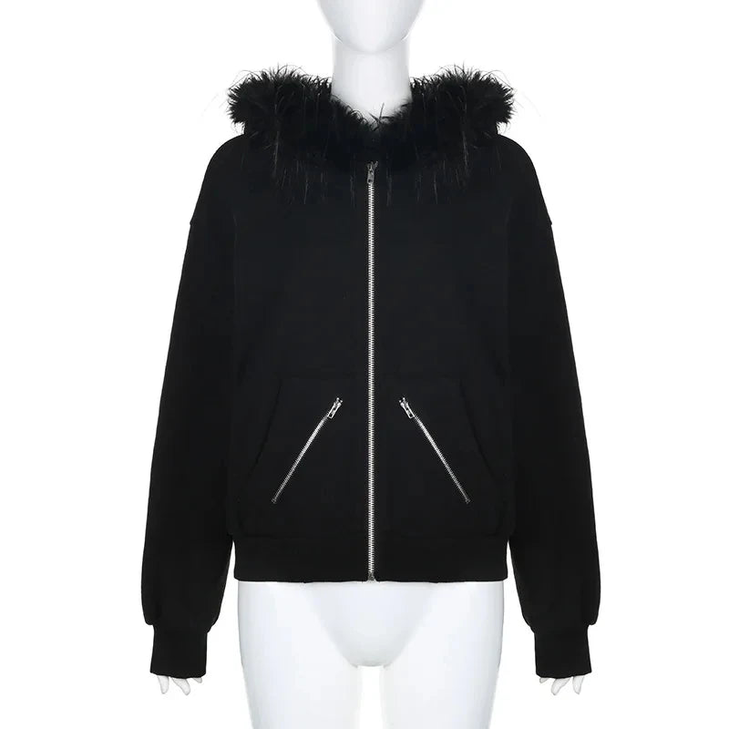 Goth Dark Faux Fur Collar Hooded Zip Up Hoodies Gothic Grunge Pockets