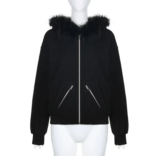 Goth Dark Faux Fur Collar Hooded Zip Up Hoodies Gothic Grunge Pockets