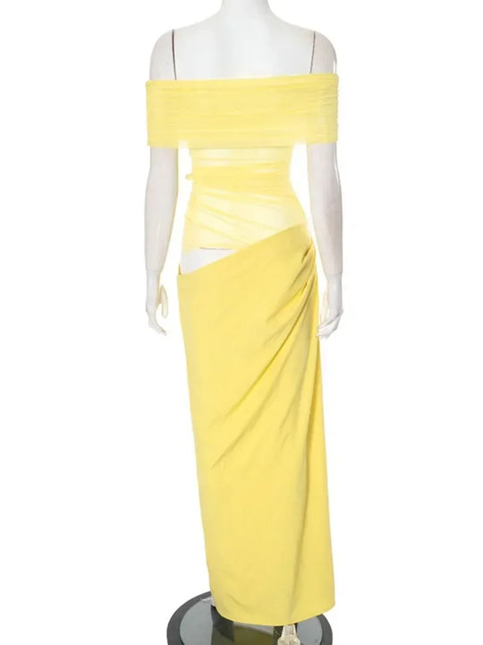 Elegant Yellow Holiday Beach Dresses for Women Sexy Slash Neck Mesh