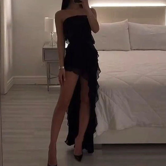 Women Strapless Sexy Floral Fold Hemline High Slit Mini Dress 2024