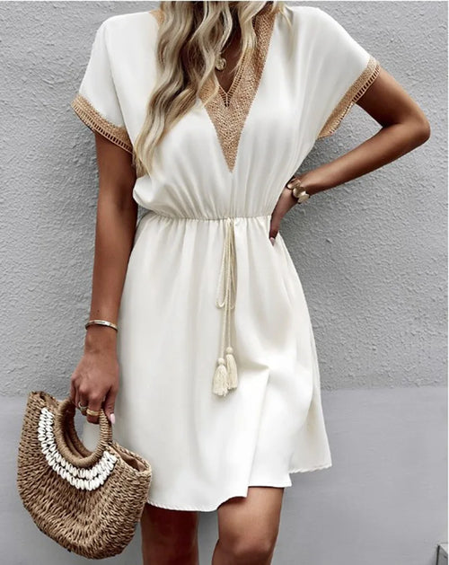 Elegant Women's White Dresses 2023 Summer Solid Short Sleeve Lace