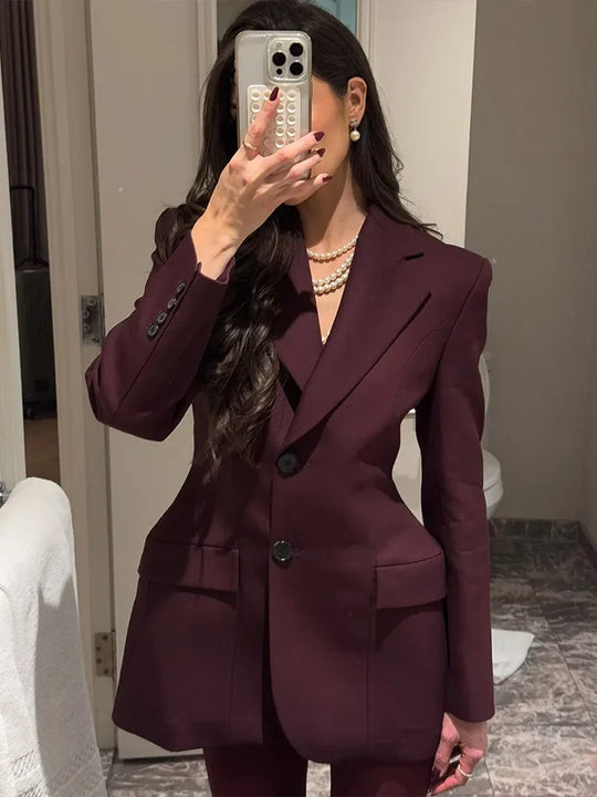 Fashion Casual Burgundy Red Women Slim Blazer Jackets Elegant Lapel