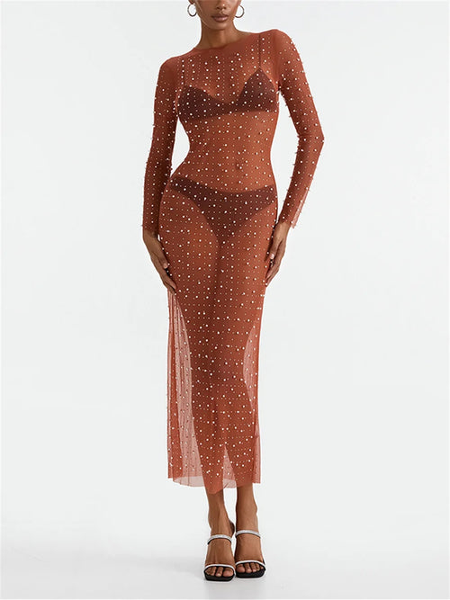 Sexy Women's Sheer Mesh Pearl Rhinestone Beach Cover Up Dress See