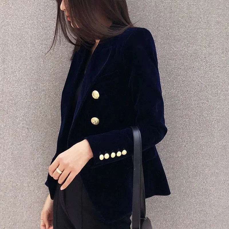 New Spring Fashion Women Midnight Navy Slim Velvet Blazer Office Lady