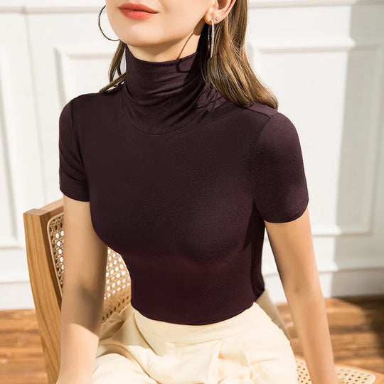 Short Sleeve Modal T-shirts Undershirts Girls Solid Half Turtleneck