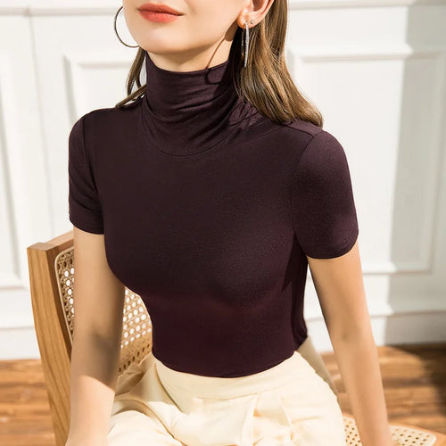 Short Sleeve Modal T-shirts Undershirts Girls Solid Half Turtleneck