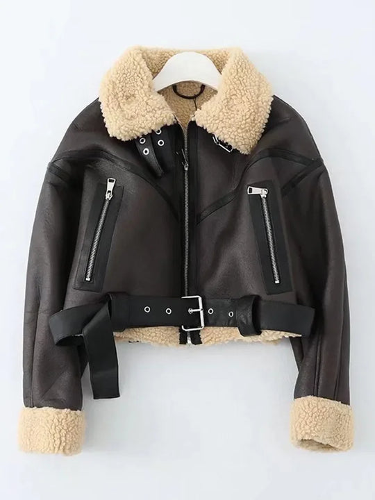 Ailegogo Winter Women Streetwear Faux Lamb Leather Fur Short Jacket