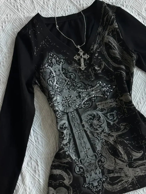 Black Vintage Gothic T-shirts Women Y2k Black Punk Graphic Hoodie