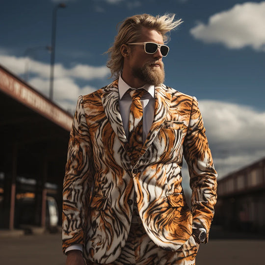 New Design Mens 2 Piece Suit Notched Lapel Fashion Vintage Coat Tiger Leopard Print Two Buttons Slim Fit Suit