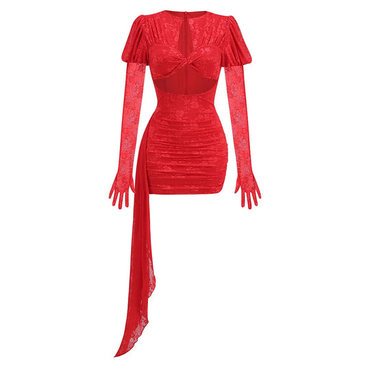 High Quality Red White Women Long Sleeve Sexy Lace Draped Bodycon Mini