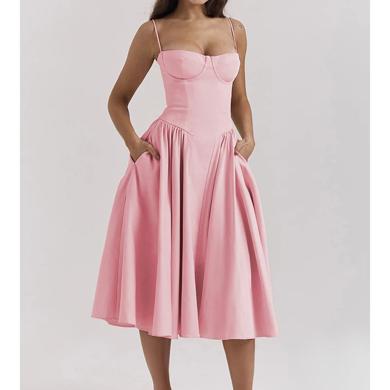 Elegant Spaghetti Strap Midi Dress Women Party Slim A Line Solid Suspender Lady Dresses New Spring Summer Fashion Sexy Vestidos