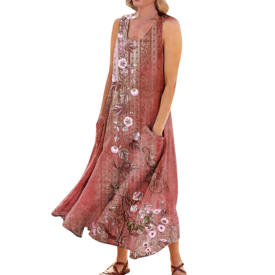 Women's Summer Casual Fashion  Printed Sleeveless Round Neck Pocket Dress