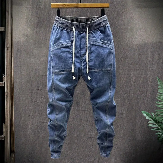 Elastic Waist Jeans Men's Elastic Drawstring Waist Denim Cargo Pants