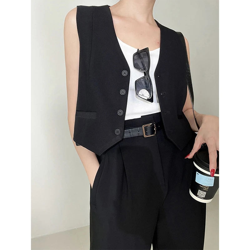 MEXZT Elegant Cropped Blazer Vest Women Vintage Black Suit Waistcoat