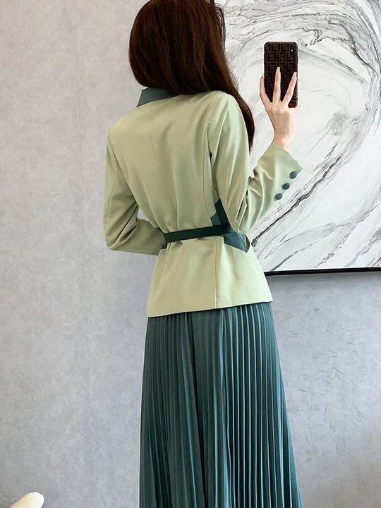 Women Formal 2 Pieces Sets Korean Office Long Sleeve Blazer Coats Tops