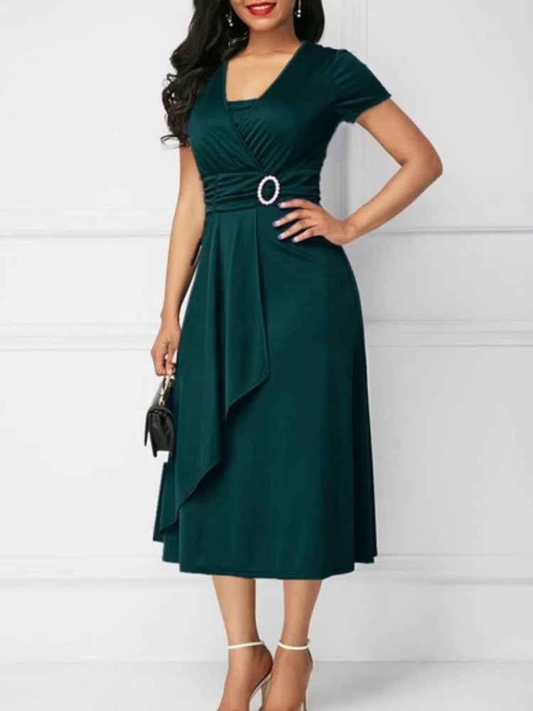 Summer Dresses Elegant Women Solid Color Short Sleeve V Neck