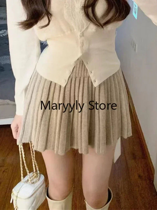 2023 Autumn Women French Long Sleeve Cardigan + High Waist Mini Skirt