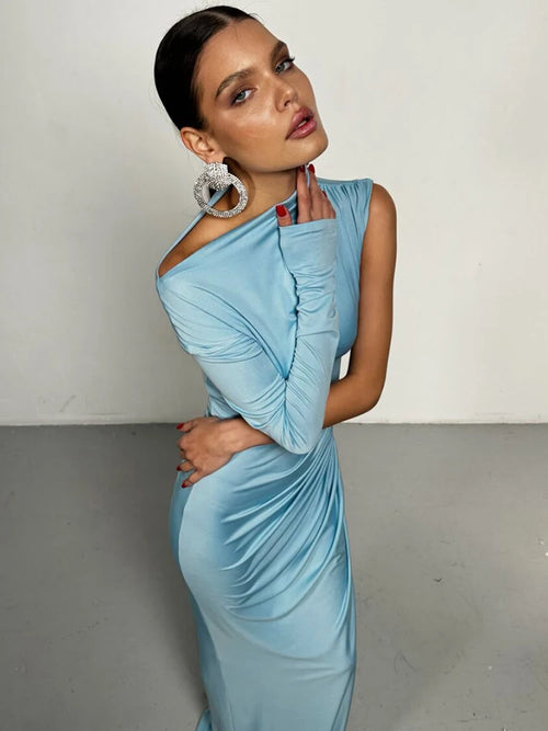 Mozision Skew Collar One Sleeve Sexy Maxi Dress For Women Gown Fashion