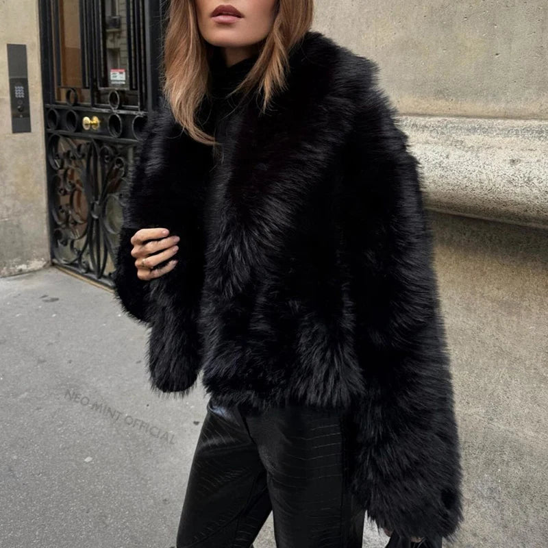 Neo Mint Street Fashion Shawl Collar Faux Fox Fur Coat Women 2024