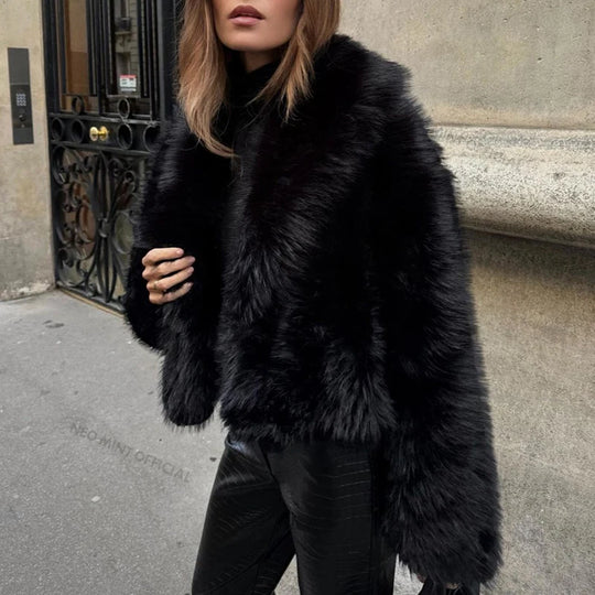 Neo Mint Street Fashion Shawl Collar Faux Fox Fur Coat Women 2024