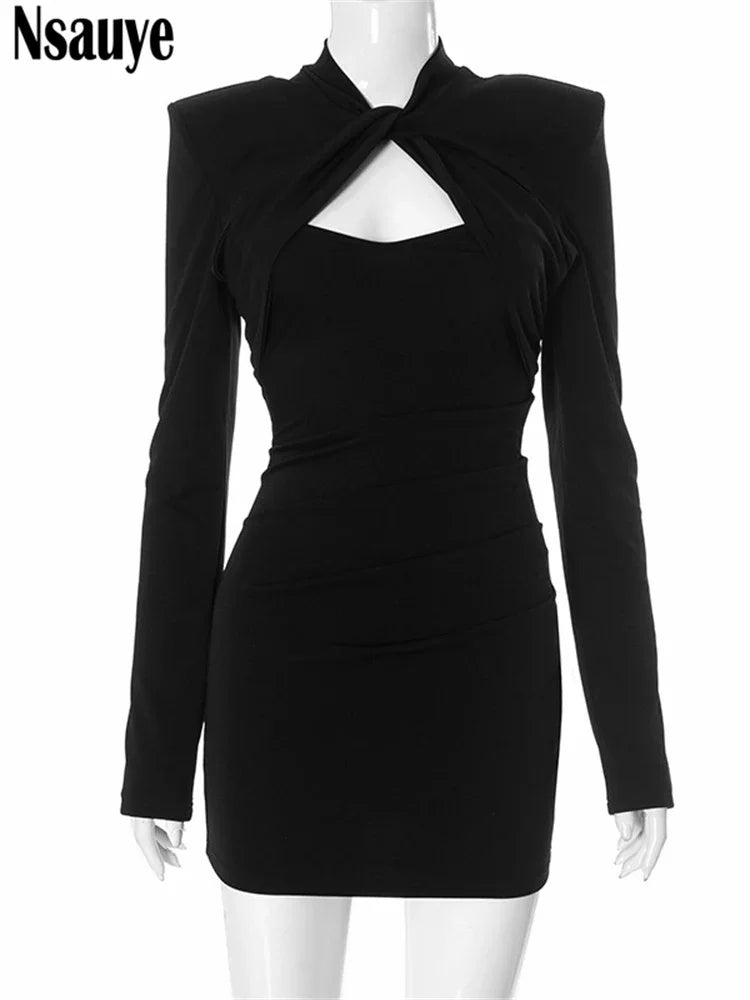Nsauye Sexy Women Night Club Evening Party Short Dress Long Sleeve