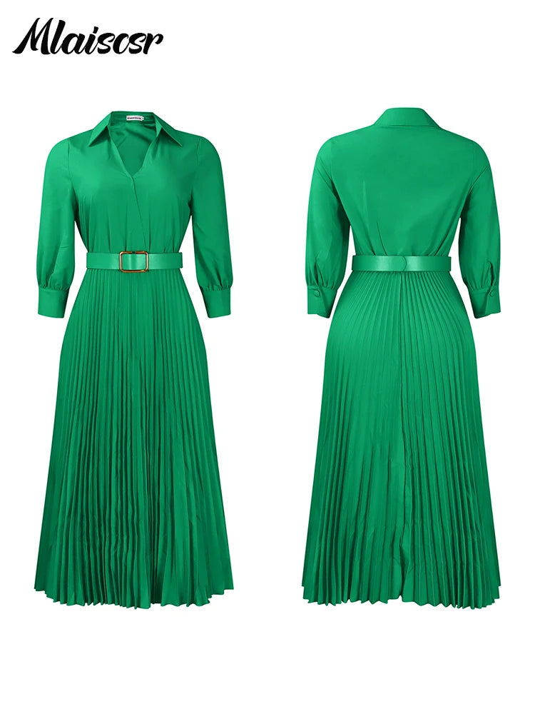 Purple Fashion Belt V-Neck Long Sleeve A-Line Pleated Dress Women Elegant Slim Evening Party Club Vestidos African Robe