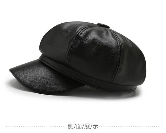 Women Men PU Leather Berets Hat Retro British Solid Beret Baseball Cap Outdoor Sun Hat Winter Warm Octagonal Hats Newsboy Caps