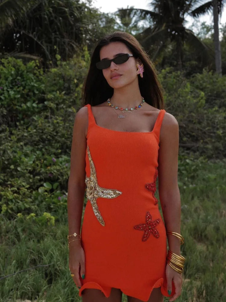 Sexy Orange Sequin Star Decor Mini Dress Women Fashion Backless