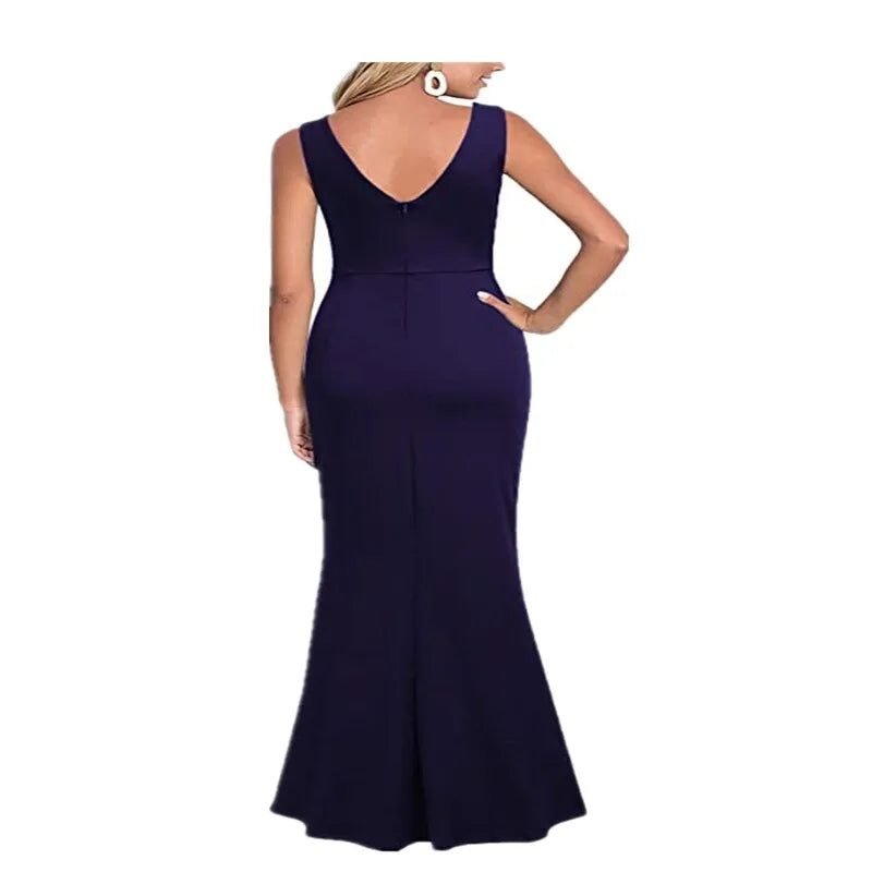 Summer Elegant Women's Sexy Sleeveless Slit Skirt Hot Wedding Long Dress Ladies Sling Backless Strap V-Neck Dress Female