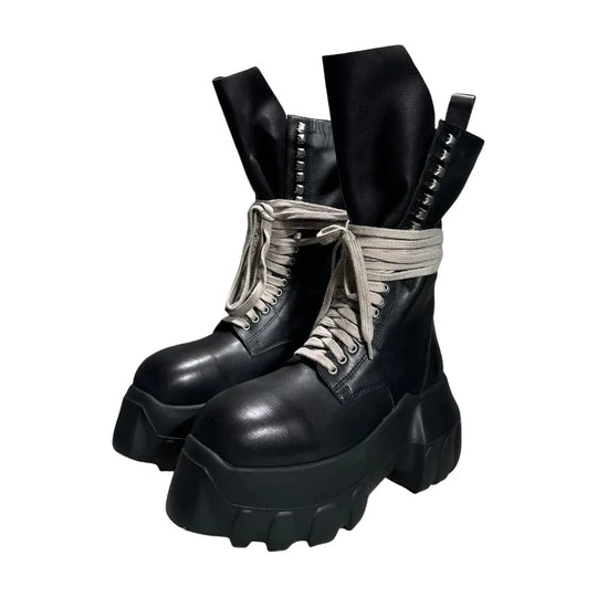 Men's High Top Shoes Platform Woman Sneakers Leather Lace Up Gothic Heels Luxury Vintage Trendy Designer Black Male Boots
