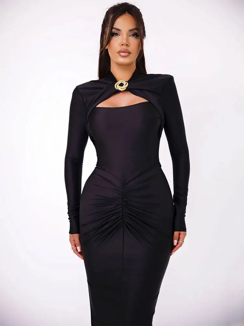 GACVGA Sexy Hollow Out Ruched Maxi Dress For Women Autumn Winter