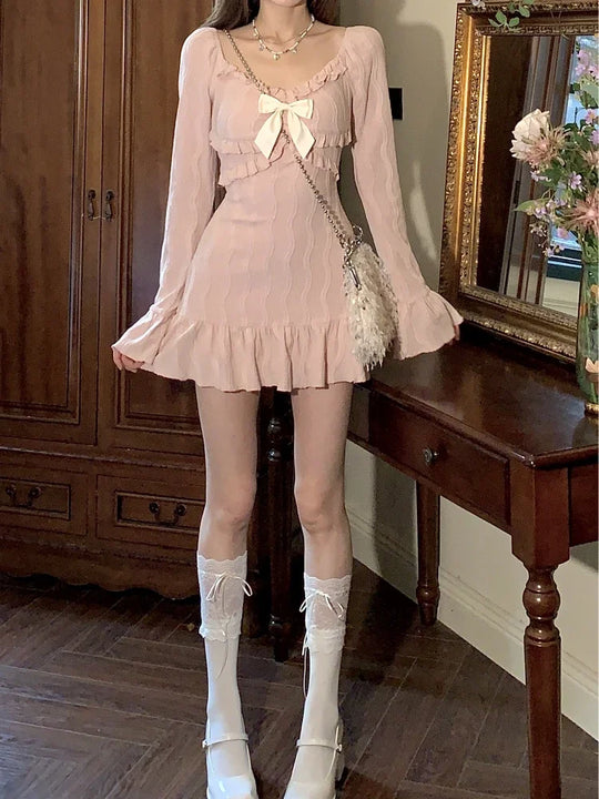 2024 New Pink Sweet Slim Y2k Mini Dress Woman French Elegant Flare
