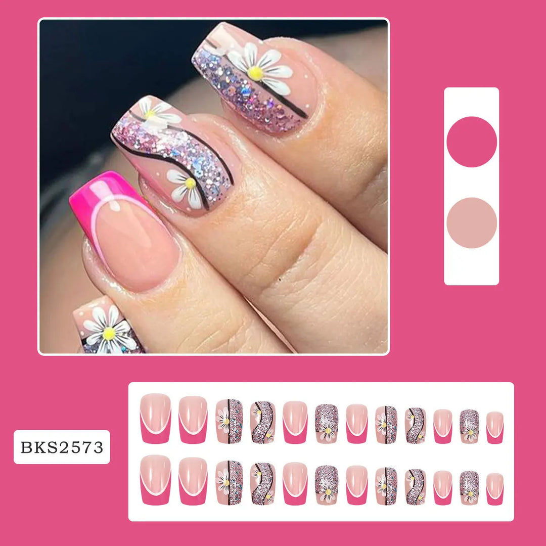 24pcs/set short saure fake nails for Spring summer season french style flowers butterfly design press on false nail art tips