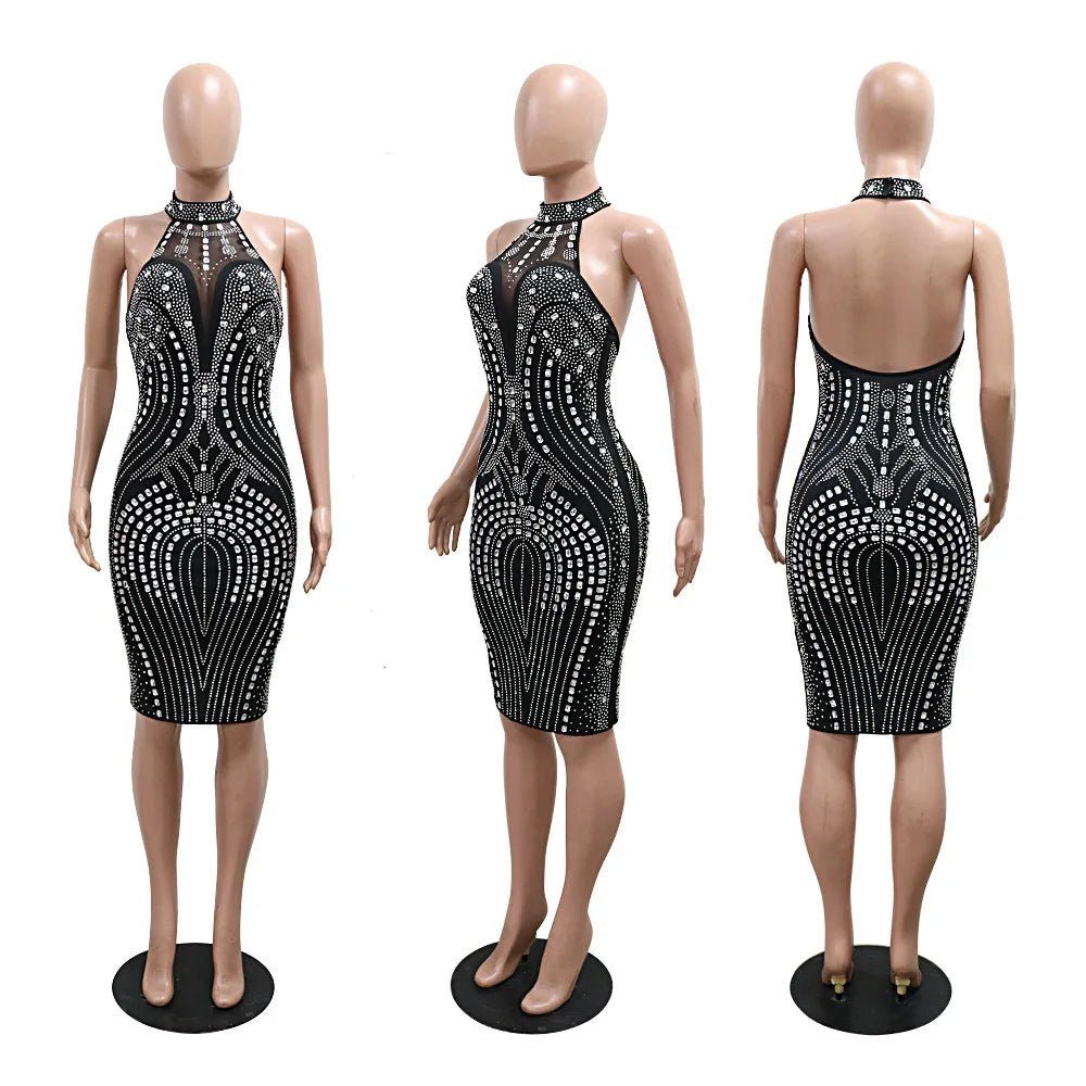 Backless Dress Sexy Wrap Buttocks Vestidos Women Party Dresses Sheath Slim Fit Spliced Summer Diamonds Knee Length