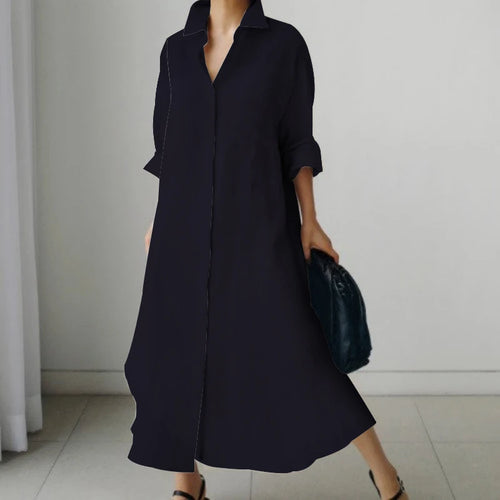 Solid Color Office V Neck Black Dress Long Sleeve High Temperament