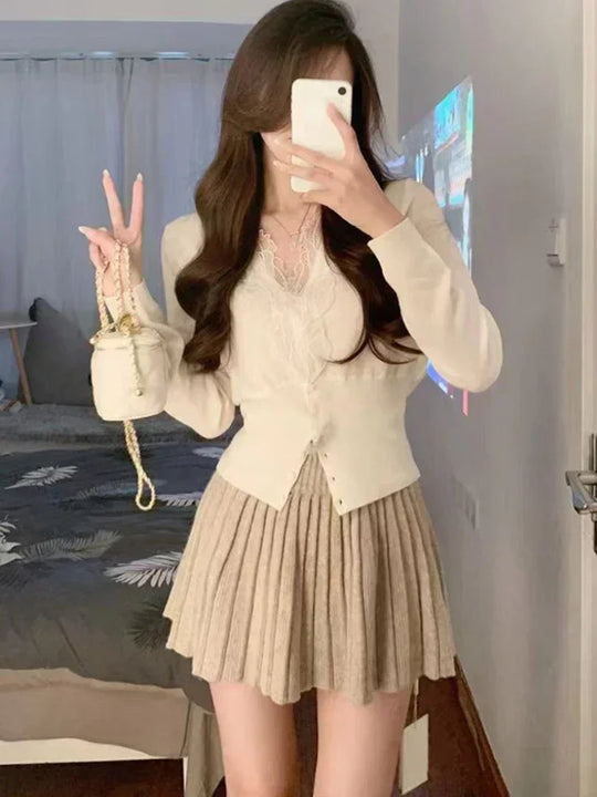 2023 Autumn Women French Long Sleeve Cardigan + High Waist Mini Skirt