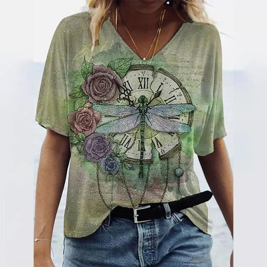 Women's T-shirts Summer Gradient Graphics Tops V Neck Fashion Female