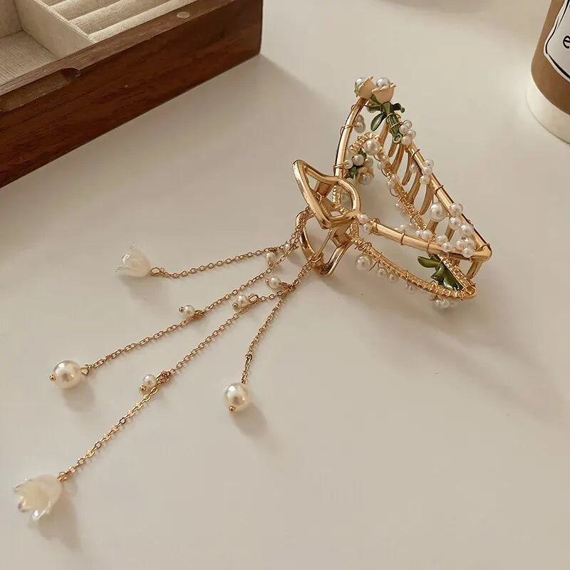 Imitation Pearl Flower Decor Charm Hair Claws For Women Girls Large