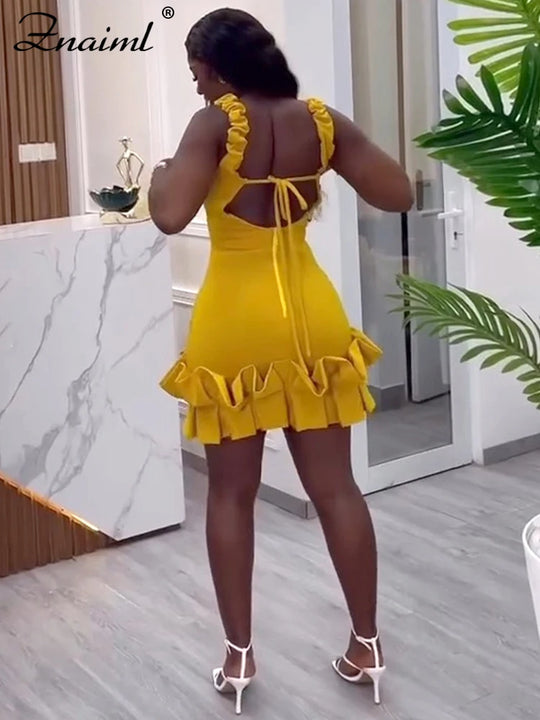 Znaiml Sexy Ruffle Bodycon Spaghetti Strap Sheath Yellow Mini Dresses