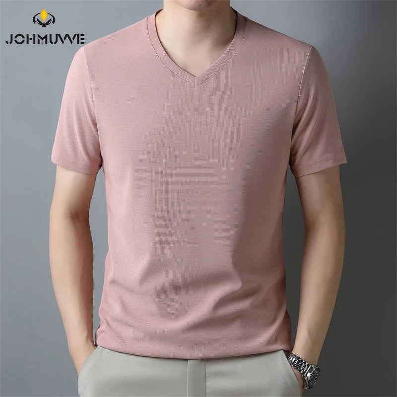 2025 Men's New Waffle V Neck Short Sleeved T-shirt Summer Comfortable