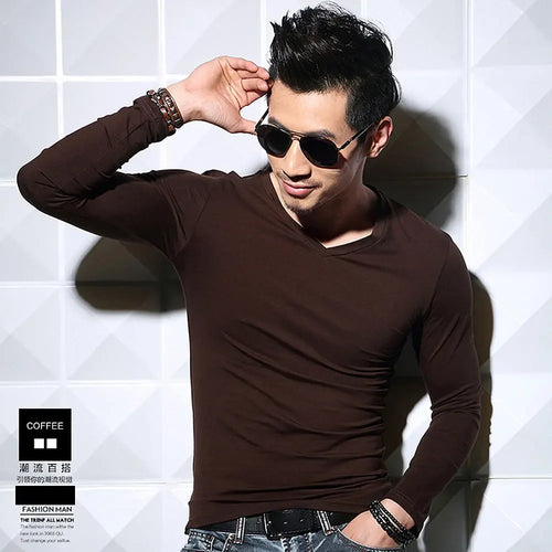 Lycra Cotton Men's T-Shirts Long Sleeve V Neck T Shirt MRMT Men