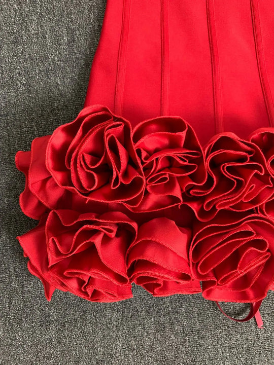 Women Red Evening Bandage Dress Hot Strapless Bodycon Flowers Hem