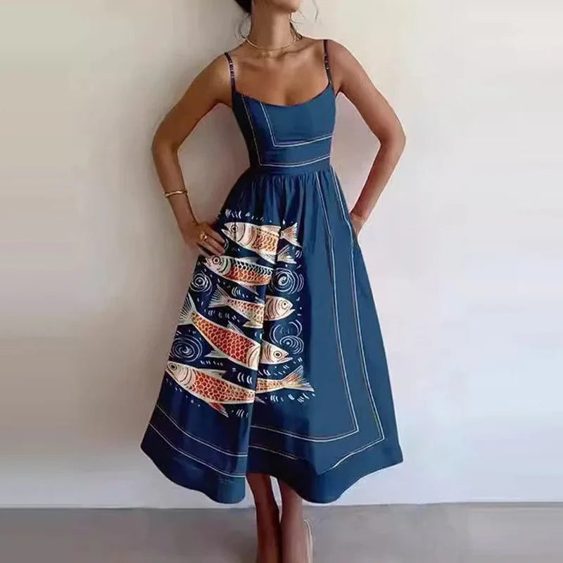 Summer New Women's Fashionable Fish And Shrimp Print U-neck Pleated
