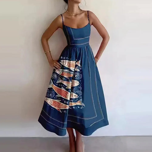 Summer New Women's Fashionable Fish And Shrimp Print U-neck Pleated