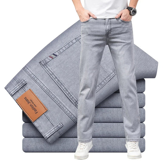 Summer Thin Men's Elastic Cotton Jeans Fashion Gray Comfortable