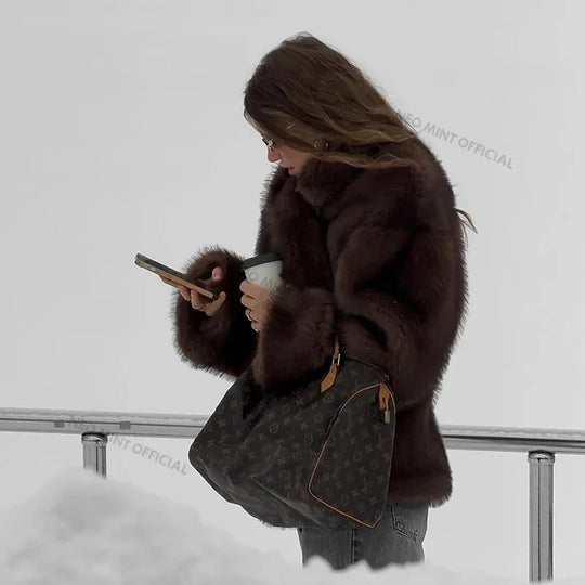 Neo Mint 2024 Winter Faux Fur Coat Women Brand Fashion Fluffy Fox Fur