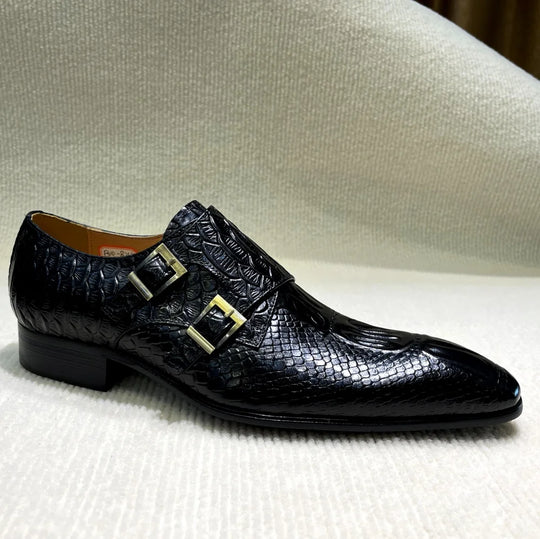 Men's Italian Genuine Leather Formal Oxford Shoes Python Crocodile Pattern Button Detailing for Office Party Wedding Footwear
